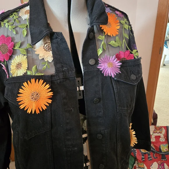 Floral Embroidered Black Denim Jacket - Picture 1 of 8